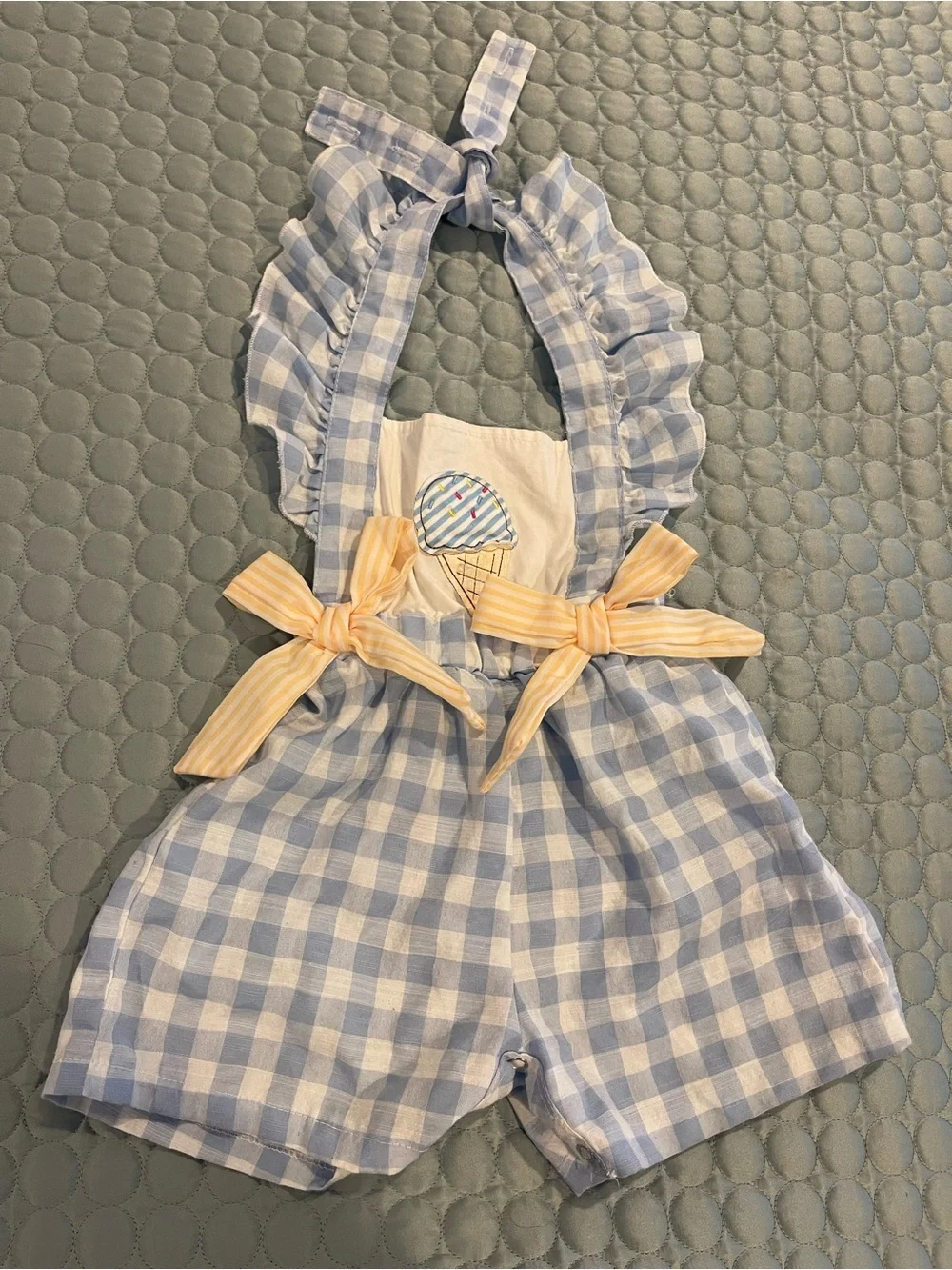 Marie Nicole Gingham Girls' Romper Blue Yellow Cotton Ice Cream Appliqué 2XS